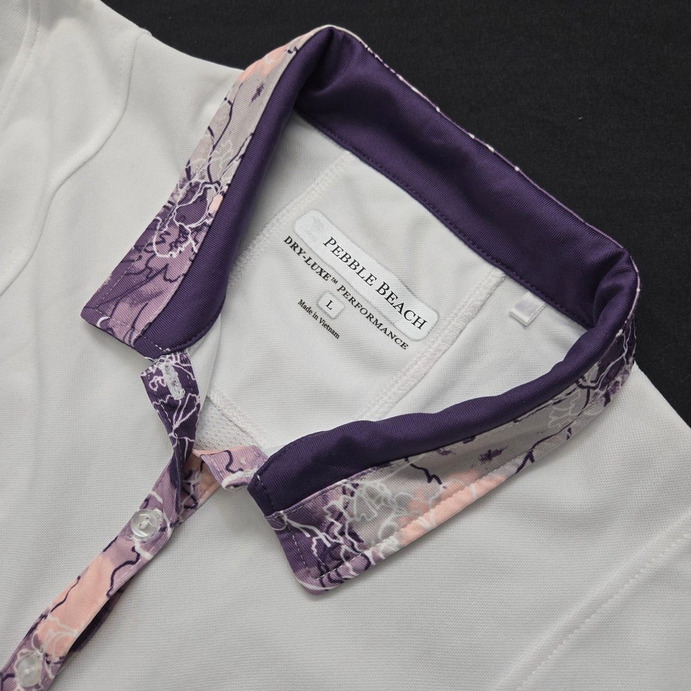 Pebble Beach Dry Luxe Performance Golf Polo Shirt White Floral Trim Womens Large